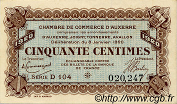 50 Centimes FRANCE regionalismo e varie Auxerre 1920 JP.017.19 BB to SPL