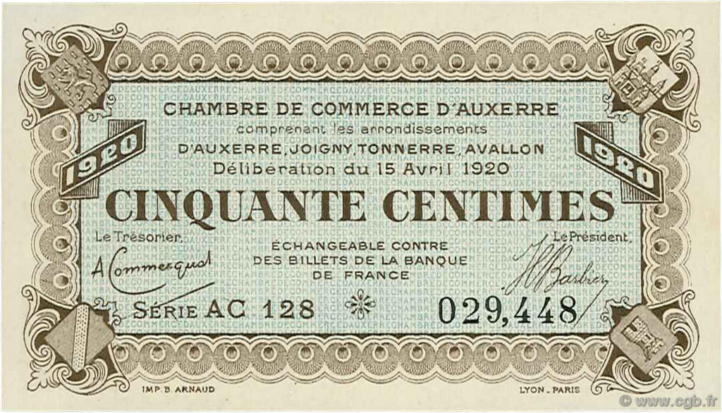 50 Centimes FRANCE regionalism and miscellaneous Auxerre 1920 JP.017.20 AU+