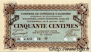 50 Centimes Annulé FRANCE regionalismo e varie Auxerre 1920 JP.017.21 BB to SPL
