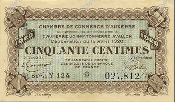 50 Centimes FRANCE regionalismo y varios Auxerre 1920 JP.017.24 SC a FDC