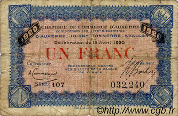1 Franc FRANCE regionalismo y varios Auxerre 1920 JP.017.26 BC