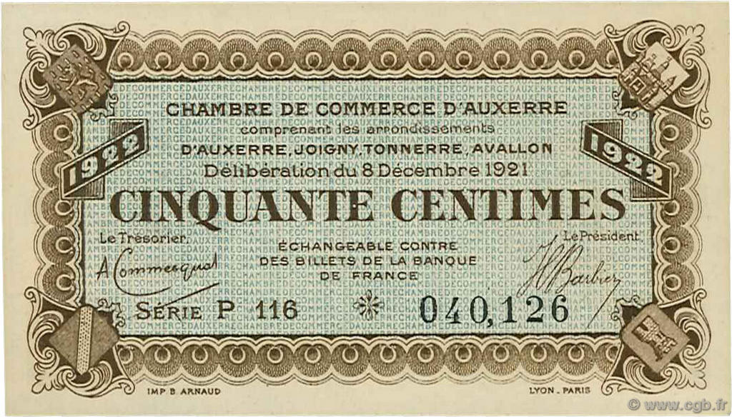 50 Centimes FRANCE regionalism and miscellaneous Auxerre 1921 JP.017.27 AU+