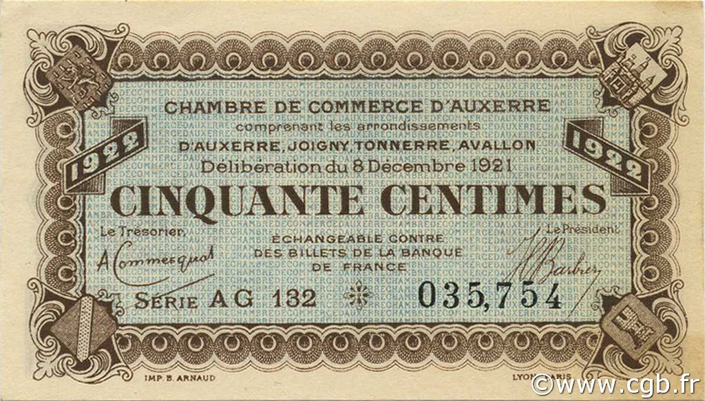 50 Centimes FRANCE regionalism and various Auxerre 1921 JP.017.28 AU+