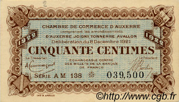 50 Centimes FRANCE regionalismo e varie Auxerre 1921 JP.017.28 BB to SPL