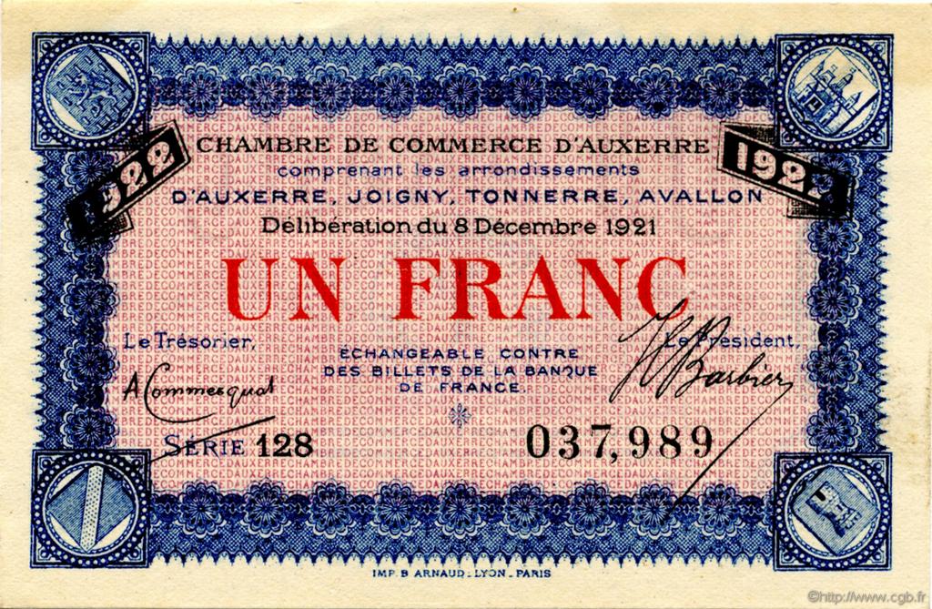 1 Franc FRANCE regionalism and miscellaneous Auxerre 1921 JP.017.30 AU+