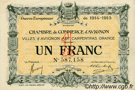 1 Franc FRANCE regionalism and miscellaneous Avignon 1915 JP.018.05 VF - XF
