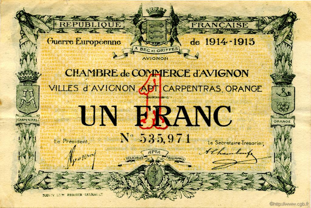 1 Franc FRANCE regionalismo e varie Avignon 1915 JP.018.05 MB