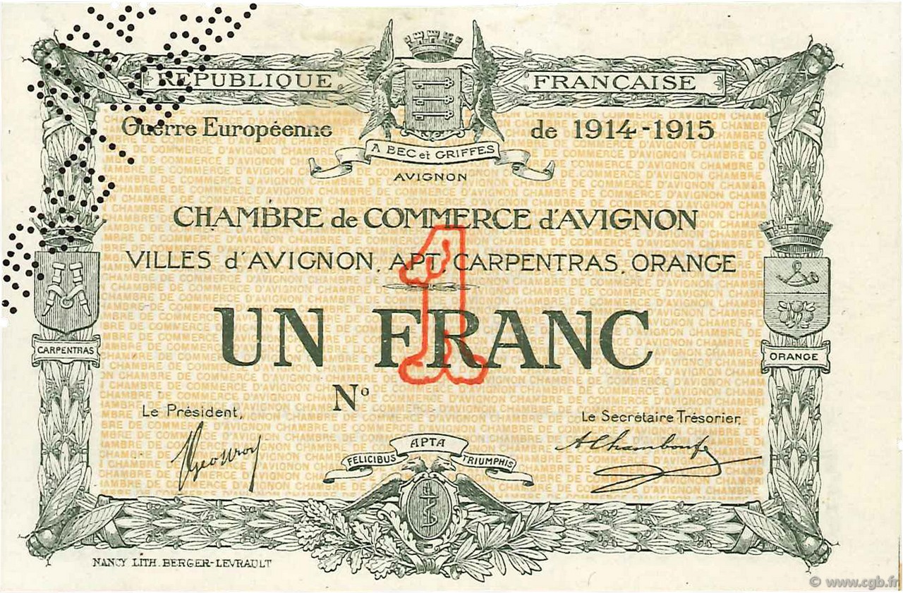 1 Franc Spécimen FRANCE regionalism and miscellaneous Avignon 1915 JP.018.06 AU+