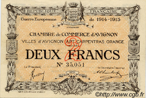 2 Francs FRANCE regionalism and miscellaneous Avignon 1915 JP.018.08 AU+