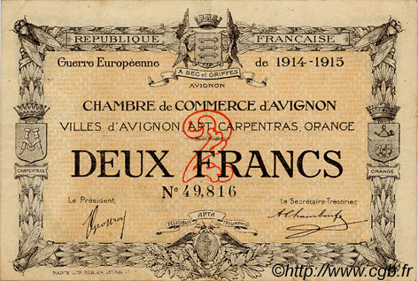 2 Francs FRANCE regionalism and miscellaneous Avignon 1915 JP.018.08 VF - XF