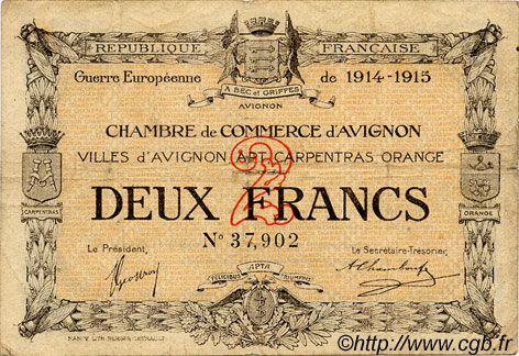 2 Francs FRANCE Regionalismus und verschiedenen Avignon 1915 JP.018.08 S
