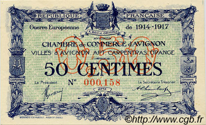 50 Centimes FRANCE regionalism and various Avignon 1915 JP.018.13 AU+