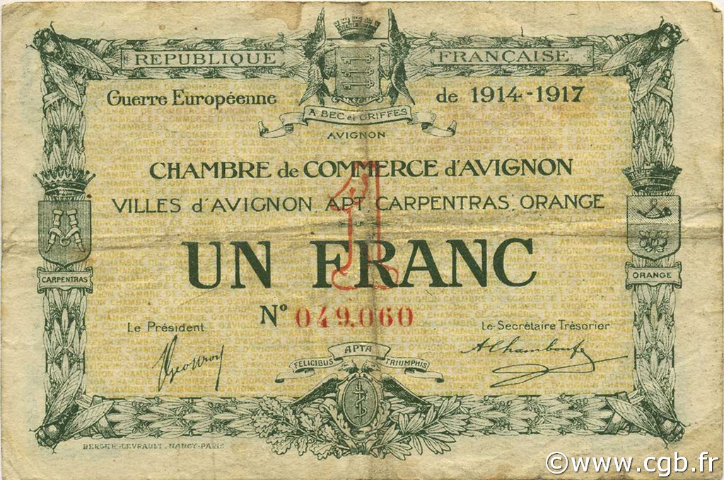 1 Franc FRANCE regionalismo y varios Avignon 1915 JP.018.17 BC