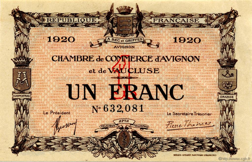 1 Franc FRANCE regionalismo y varios Avignon 1920 JP.018.24 SC a FDC