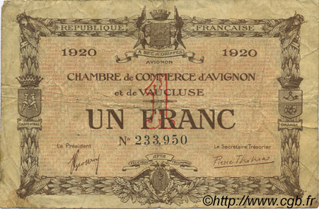 1 Franc FRANCE régionalisme et divers Avignon 1920 JP.018.24 TB