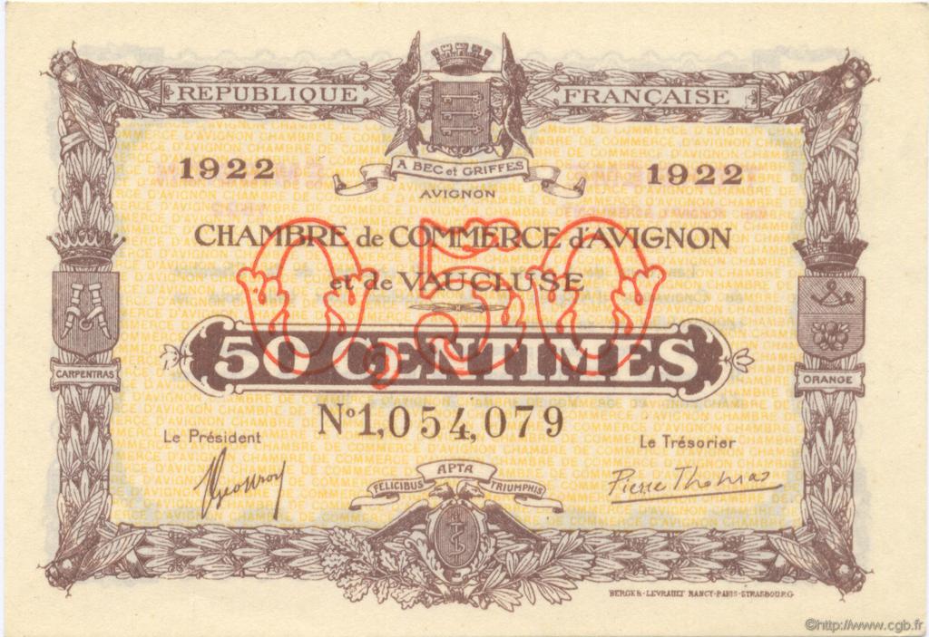 50 Centimes FRANCE regionalism and various Avignon 1922 JP.018.26 AU+
