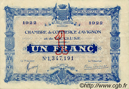 1 Franc FRANCE regionalism and various Avignon 1922 JP.018.29 VF - XF