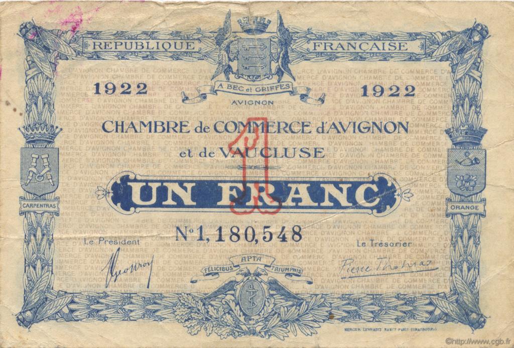 1 Franc FRANCE régionalisme et divers Avignon 1922 JP.018.29 TB