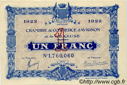1 Franc FRANCE regionalism and various Avignon 1922 JP.018.31 AU+