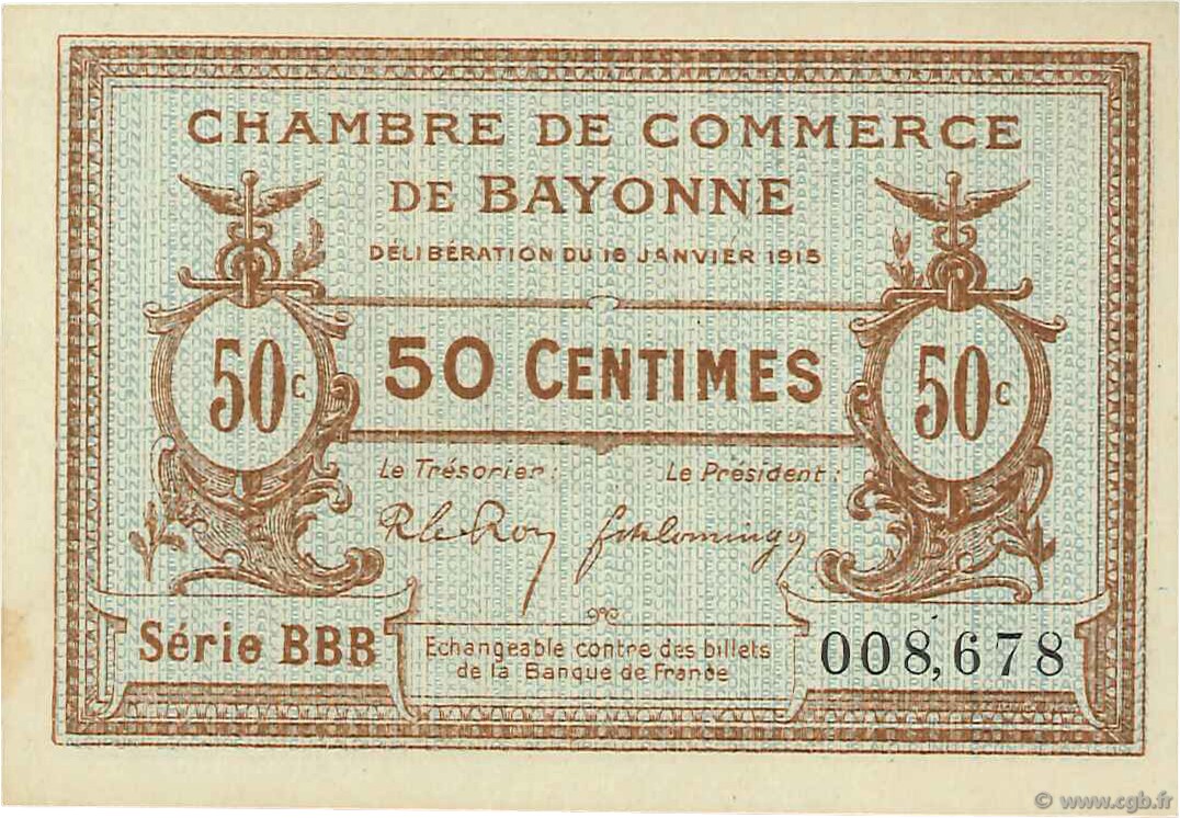 50 Centimes FRANCE regionalismo y varios Bayonne 1915 JP.021.08 MBC a EBC