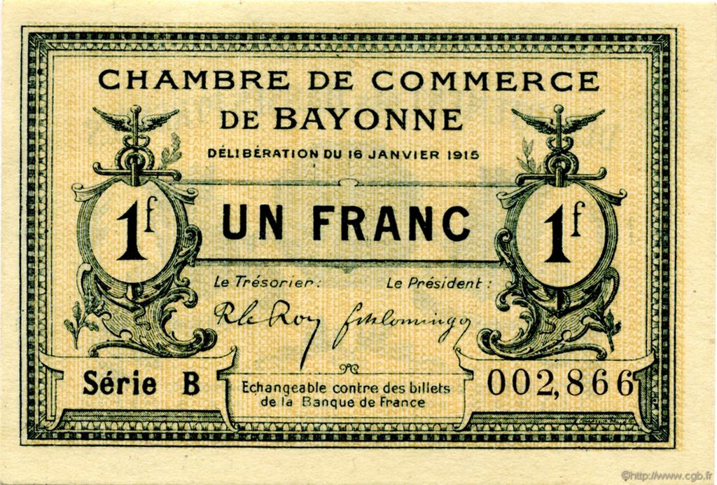1 Franc FRANCE regionalism and various Bayonne 1915 JP.021.09 AU+
