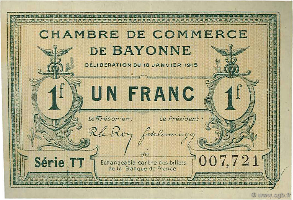 1 Franc FRANCE regionalismo y varios Bayonne 1915 JP.021.13 MBC a EBC