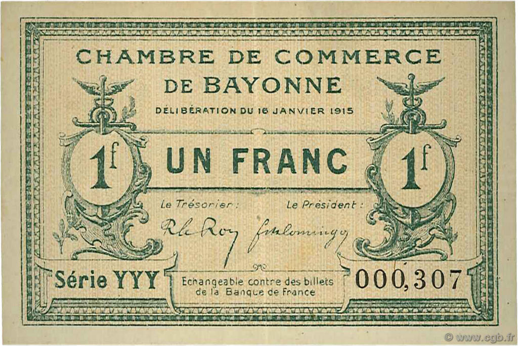 1 Franc FRANCE régionalisme et divers Bayonne 1915 JP.021.15 TTB à SUP