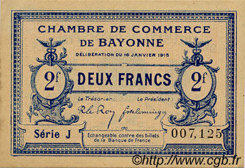 2 Francs FRANCE regionalism and various Bayonne 1915 JP.021.19 VF - XF