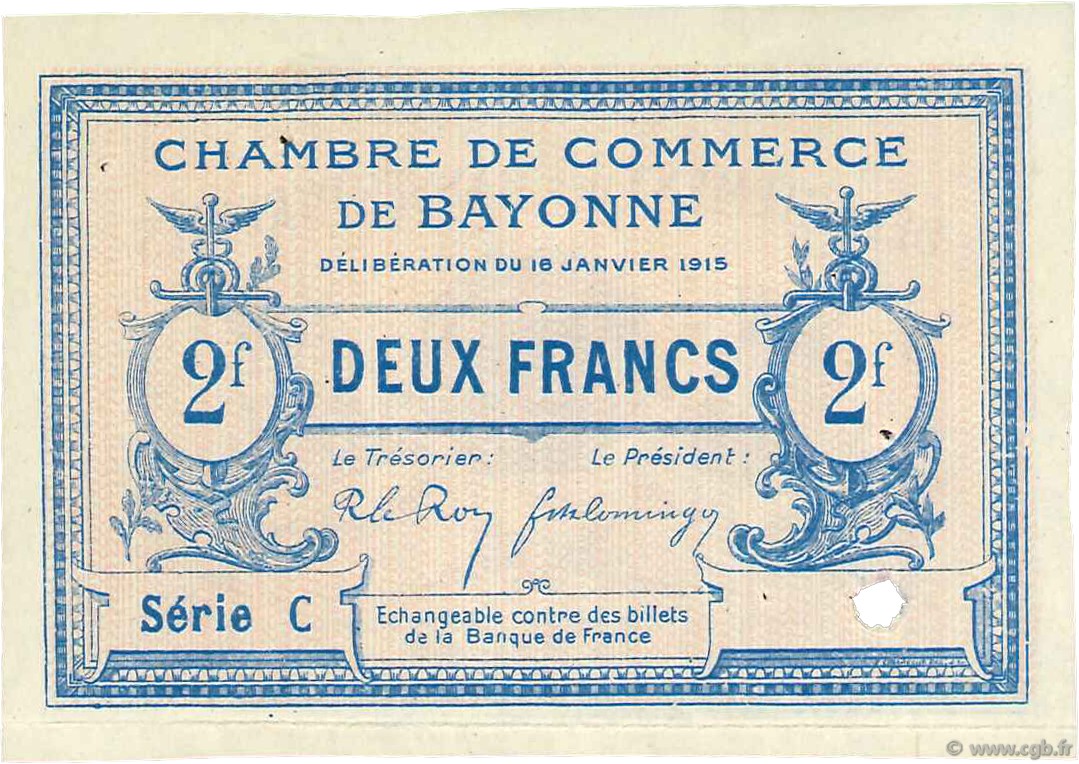 2 Francs Annulé FRANCE Regionalismus und verschiedenen Bayonne 1915 JP.021.21 SS to VZ