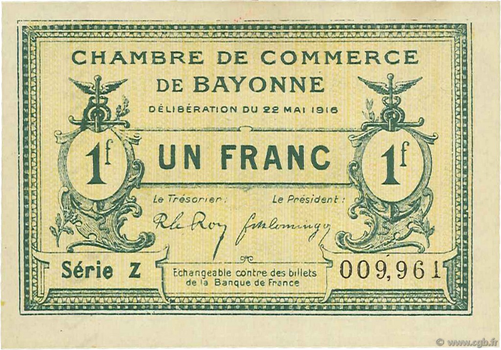 1 Franc FRANCE regionalismo y varios Bayonne 1916 JP.021.29 SC a FDC