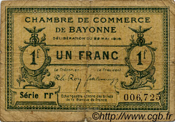 1 Franc FRANCE regionalism and miscellaneous Bayonne 1916 JP.021.30 F
