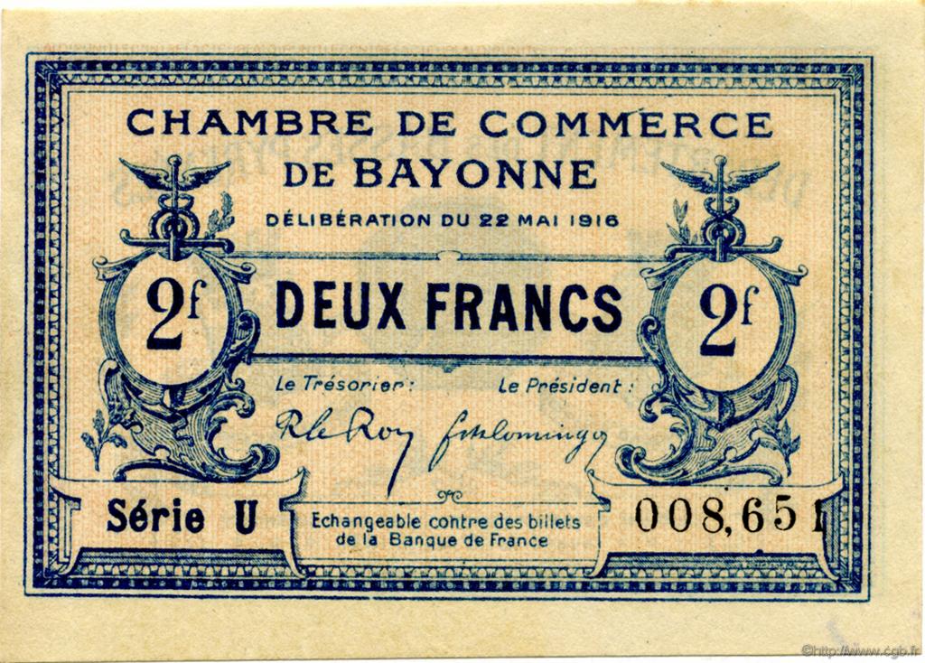 2 Francs FRANCE regionalism and miscellaneous Bayonne 1916 JP.021.36 AU+