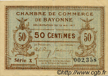 50 Centimes FRANCE regionalismo e varie Bayonne 1917 JP.021.40 BB to SPL
