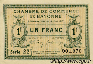 1 Franc FRANCE regionalismo y varios Bayonne 1917 JP.021.45 SC a FDC