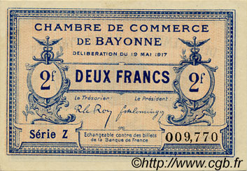 2 Francs FRANCE regionalism and various Bayonne 1917 JP.021.49 AU+