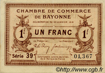 1 Franc FRANCE régionalisme et divers Bayonne 1918 JP.021.59 TTB à SUP