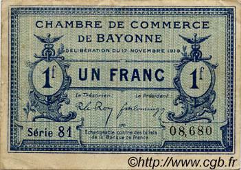 1 Franc FRANCE regionalism and various Bayonne 1919 JP.021.64 VF - XF