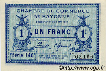 1 Franc FRANCE regionalismo y varios Bayonne 1920 JP.021.67 SC a FDC