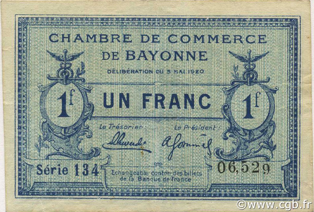 1 Franc FRANCE regionalism and various Bayonne 1920 JP.021.67 VF - XF
