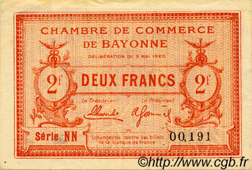 2 Francs FRANCE Regionalismus und verschiedenen Bayonne 1920 JP.021.68 SS to VZ