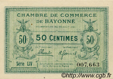 50 Centimes FRANCE regionalismo y varios Bayonne 1921 JP.021.69 SC a FDC