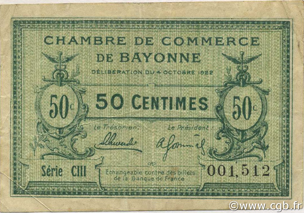 50 Centimes FRANCE regionalismo y varios Bayonne 1922 JP.021.73 BC