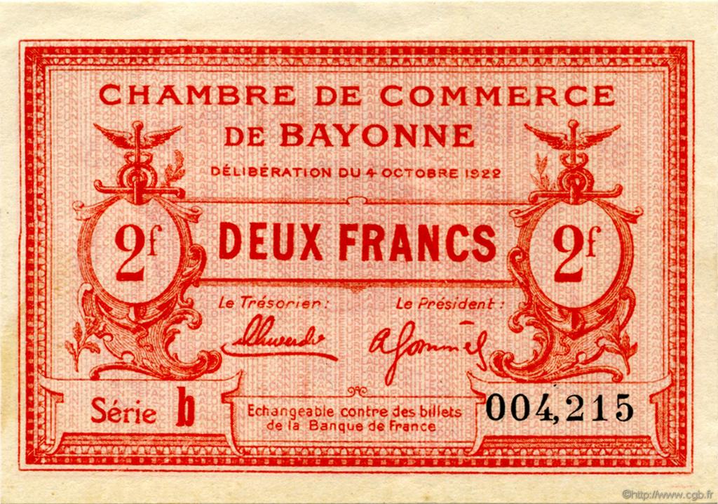 2 Francs FRANCE regionalism and miscellaneous Bayonne 1922 JP.021.75 AU+
