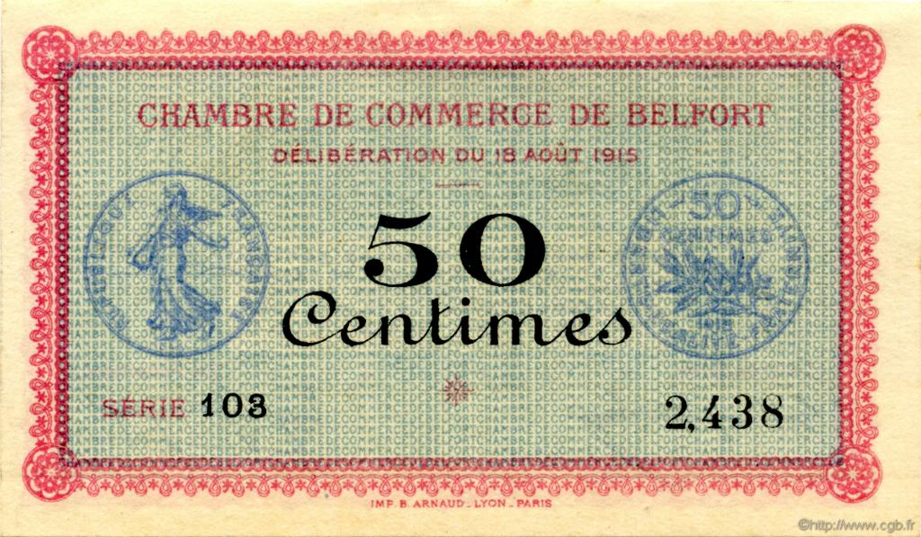 50 Centimes FRANCE regionalismo y varios Belfort 1915 JP.023.01 SC a FDC