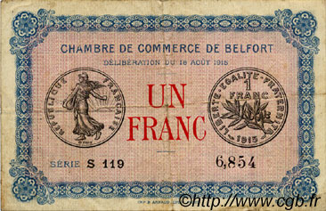 1 Franc FRANCE régionalisme et divers Belfort 1915 JP.023.09 TB