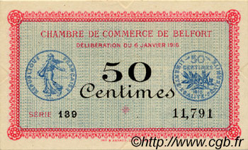50 Centimes FRANCE regionalismo y varios Belfort 1916 JP.023.17 SC a FDC