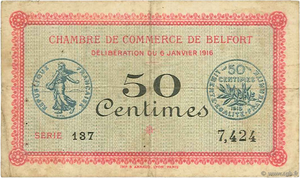 50 Centimes FRANCE regionalism and miscellaneous Belfort 1916 JP.023.17 F
