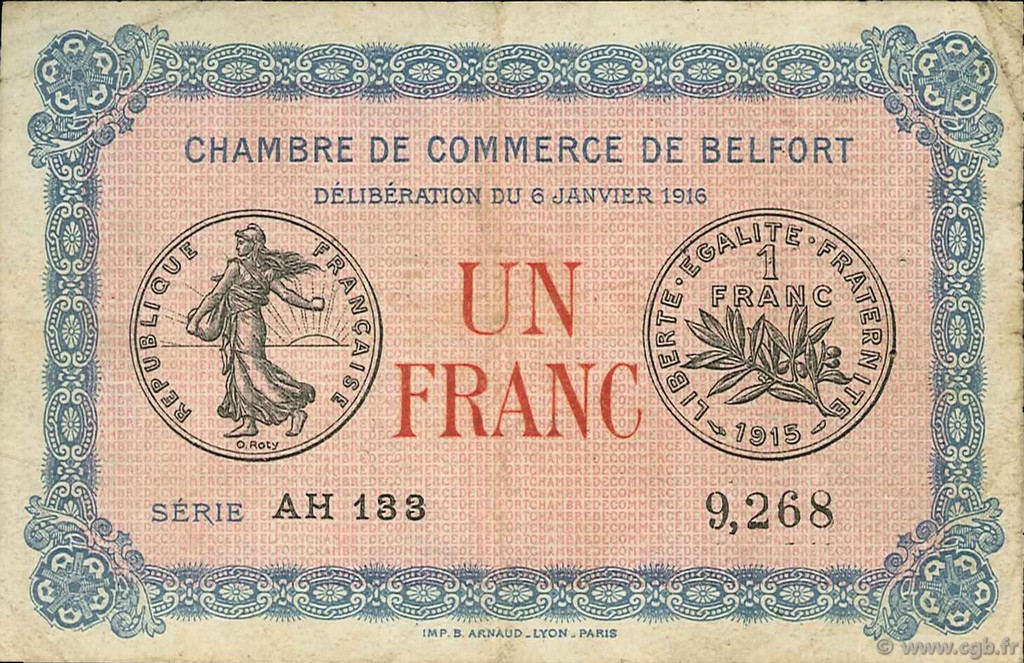 1 Franc FRANCE régionalisme et divers Belfort 1916 JP.023.24 TB