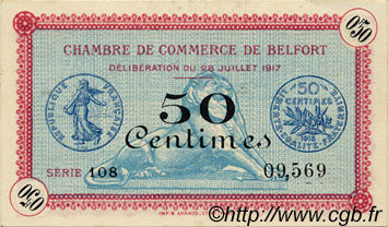 50 Centimes FRANCE regionalismo y varios Belfort 1917 JP.023.26 SC a FDC
