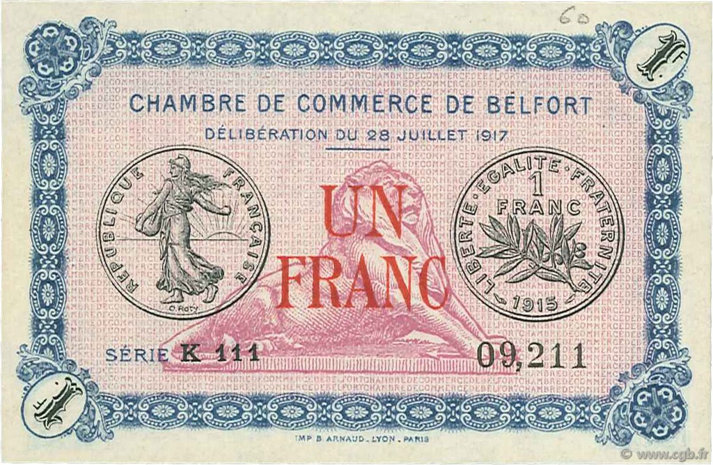 1 Franc FRANCE Regionalismus und verschiedenen Belfort 1917 JP.023.29 fST to ST